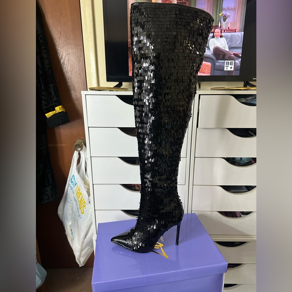 Liliana Black Sequin Over-the-Knee Boots
